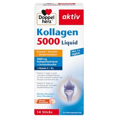 Abbildung von Doppelherz Kollagen 5000 Liquid mit Kollagenhydrolysat, Chondroitinsulfat, Vitaminen und Mangan 14 Sticks Pfirsich Geschmack