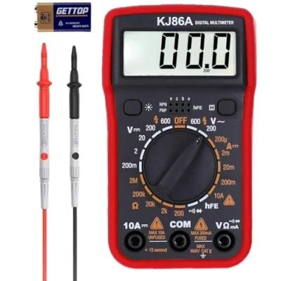 Abbildung von Multimeter, Durchgangsprüfer, Spannungstester, Batterietester, digitales Voltmeter, Ohm, Volt, Amperemeter, AC/DC Spannung, Strom, Widerstand, Diode, Transistor, großes LCD Display und Hintergrundbele