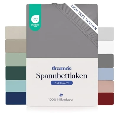 Abbildung von Dreamzie Spannbetttlaken 90x190cm 35 cm Tiefe Tasche 100% Mikrofaser Bettlaken Anthrazit, Schadstoffgeprüft(Oeko TEX), mit Gummizug