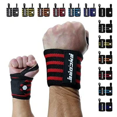 Abbildung von Encore Grips® Handgelenk Bandagen für Bodybuilding, Kraftsport, Crossfit, krafttraining Bandage, Handgelenkbandage Fitness, Handgelenkstütze, Handgelenkschoner, Wrist Wraps (Schwarz Rot V2)