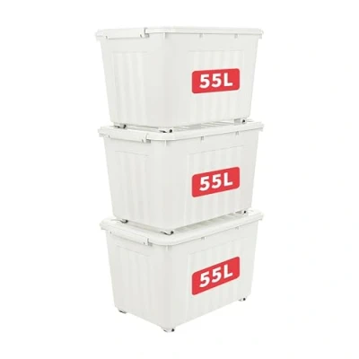 Abbildung von Cetomo 55L*3 Aufbewahrungsboxen mit Deckeln, Kunststoff Aufbewahrungsbox Rollen und Clips, Kunststoffbox für Zuhause Büro, BPA frei, Nestbar, Stapelbar, Weiß, 55L 3er Pack