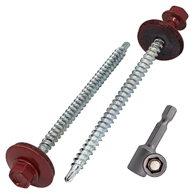 Abbildung von SKIR&#039;CO (100 Stück) lackierte Dachschrauben 4,8 x 80 mm, Sechskantkopf, selbstbohrende Schrauben mit EPDM Unterlegscheiben (Oxidrot, RAL 3009)