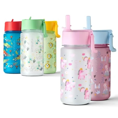 Abbildung von VINSUN Trinkflasche Kinder 500ml Einhorn Strohhalm Deckel, auslaufsicher, BPA frei, Kohlensäure geeignet, Tritan rosa Wasserflasche für Kindergarten, Grundschule