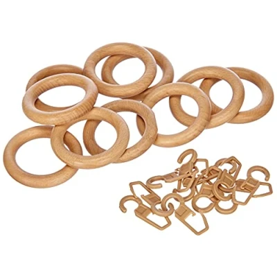 Abbildung von GARDINIA Gardinenringe für Gardinenstangen Ø 28 mm, Mit Gardinenhaken, 10 Stück, Ring Breite 9 Holz, Natur
