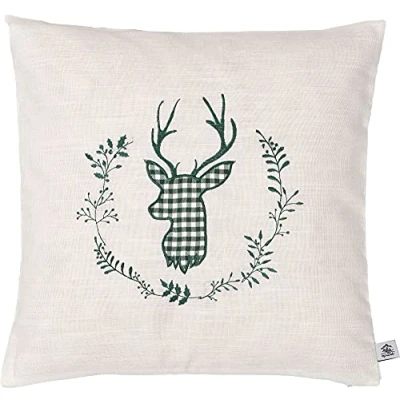 Abbildung von Zirbenkissen beige grün Bestickt mit Hirsch Größe 40x40 cm befüllt Zirbenflocken aus Zirbenholz in extra Inlett