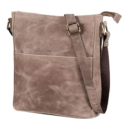 Abbildung von LEABAGS Leder Handtasche Damen I Premium Echtleder Umhängetasche Schultertasche Damentasche Tragetasche für Arbeit Uni Schule Freizeit Größe M (24 x 23 6 cm) Vintage Graubraun