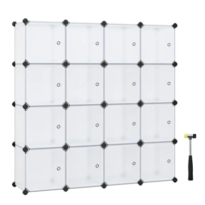 Abbildung von SONGMICS Regalsystem, Schuhregal, Set aus 16 Würfeln, Kleiderschrank Kunststoff, mit Türen, Steckregal, Aufbewahrung von Kleidung, Schuhen und Büchern, einfache Montage, weiß LPC44BS