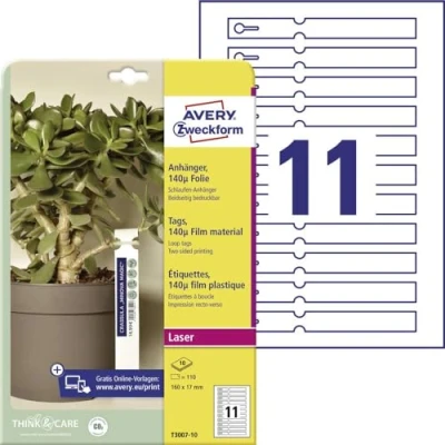 Abbildung von AVERY Zweckform T3007 10 wetterfeste Schlaufenanhänger 110 Stück (160x17mm auf A4, beidseitig bedruckbare Schlaufenetiketten, reißfeste Schlüsselanhänger, robuste Pflanzenbeschriftung) Folie, weiß