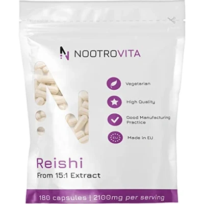 Abbildung von Reishi Kapseln 180 Stück 2100mg Pilz Extrakt pro Portion Hochdosiert Ganoderma Lucidum Heilpilze, Vegan, Allergen und Gluten Frei Vitalpilz Nootrovita