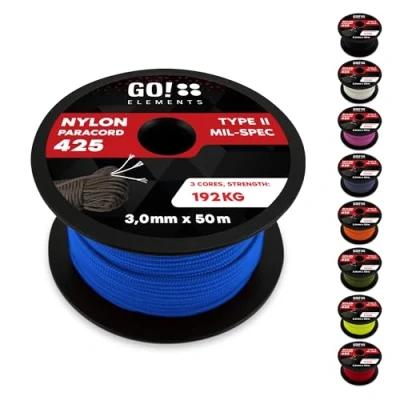 Abbildung von GO!elements 50m Paracord Seil aus reißfestem Nylon 3mm 425 Typ II max. 192kg Schnüre als Outdoor Seil, Allzweckseil, Survival Armband, Hundeleine, Nylonschnur, Farbe:Blau