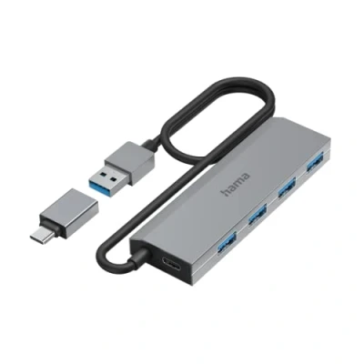Abbildung von Hama USB Hub 4 Ports (USB A und C Anschluss, mit Netzteil, 4x für Maus, Tastatur, externe Festplatte, Stick etc., Aluminium Gehäuse, Adapter Büro, Home Office)