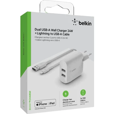Abbildung von Belkin Boost Charge Dual USB A Ladegerät 24W + Lighting Kabel ✅ WCD001VF1MWH
