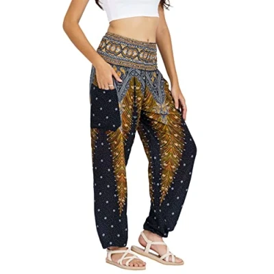 Abbildung von Lofbaz Damen Haremshose Yogahose Pumphose Hippie Hose Boho Kleidung Festival Outfit Sommerhose Leicht Sommer Hosen Peacock 1 Schwarz M