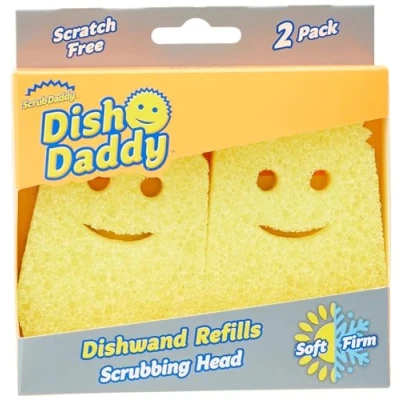 Abbildung von Scrub Daddy Spülstab Schwamm Ersatzköpfe, Seifenspender Scheuerbürste, Texturwechsel Spülbürste mit Flüssigkeitsspender, Bürsten Schaber und abnehmbaren Kopfschwämmen, 2 Stück Gelb