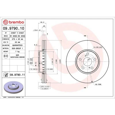 Abbildung von BREMBO COATED DISC LINE 09.9790.11 Bremsscheibe 276 25 5 innenbelüftet beschichtet TOYOTA: Avensis I Saloon, Estate