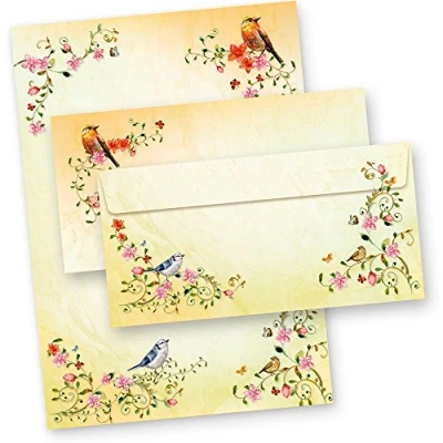 Abbildung von TOSKANA Briefpapier mit Umschlag Set Blumen und Vögel 25 Sets Hochwertiges Briefset bunt A4 Frauen Erwachsene Ostern
