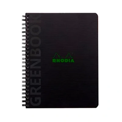 Abbildung von Rhodia 119913C Rhodiactive Greenbook Spiralheft, kariert, DIN A5+ 16x21 cm, 80 Blatt mikroperforiert, 4 fach gelocht, 100% Recycling Papier, 90, Schwarz, 1 Stück