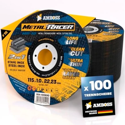 Abbildung von 100x Metall Trennscheibe Ø 115 x 1 22.23mm Die Metalltrennscheibe Metal Racer by AMBOSS WERKZEUGE ist geeignet für Stahl &amp; Edelstahl, Stahl/Inox passend Winkelschleifer