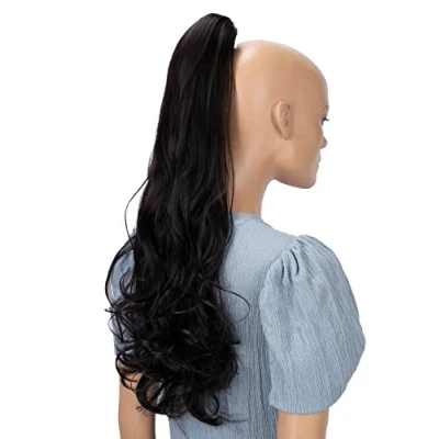 Abbildung von CAISHA 60cm Haarteil Ponytail Zopf Pferdeschwanz Haarverlängerung Voluminös Leicht Gewellt Schokobraun H516