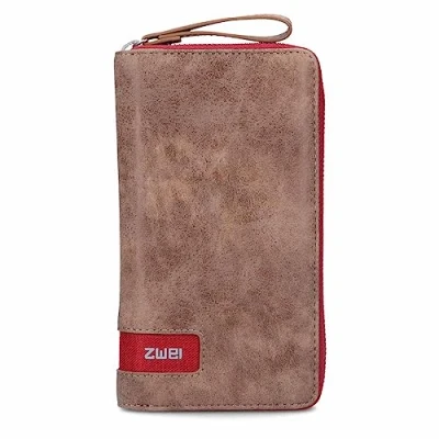 Abbildung von Zwei Große Damen Geldbörse Olli OW2 mit umlaufendem Reißverschluss 19 x 11 cm, hochwertiges Kunstleder in braun Farbakzenten, Kleingeldfach, 15 Kartenfächer, Sichtfach, 2 Scheinfächer (Chili)