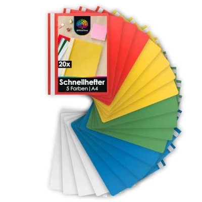 Abbildung von OfficeTree 20x Schnellhefter A4 Set 5 Farben Robuste Kunststoff Hefter Plastik für Schule Studium Büro Schulmappen Bunt Heftmappen