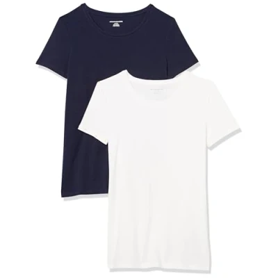 Abbildung von Amazon Essentials Damen Kurzärmeliges T Shirt mit Rundhalsausschnitt, Klassischer Schnitt, 2er Pack, Marineblau/Weiß, L