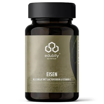 Abbildung von edubily nutrition® Eisen mit Lactoferrin. Eisentabletten hochdosiert Lactoferrin &amp; Vitamin C aus Acerola Extrakt. 90 leicht zu schluckende Kapseln im Braunglas.