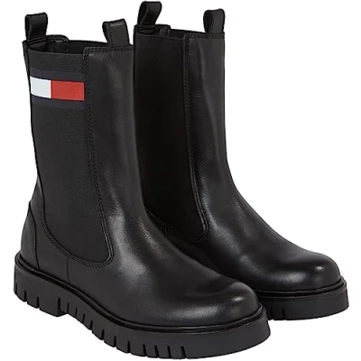 Abbildung von Tommy Jeans Damen Mid Boot Stiefel Long Chelsea aus Leder, Schwarz (Black), 37