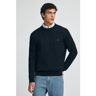 Abbildung von Polo Club Herren Strickpullover Marineblau Mit Zopfmuster Aus Wollgemisch Gesticktem Rigby Go Logo 3xl