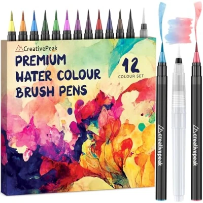 Abbildung von Creativepeak Aquarell Pinselstifte, 12 lebendige Farbmarker mit weicher Spitze und Mischpinsel, Pinselstift Set für Kalligraphie Beschriftung