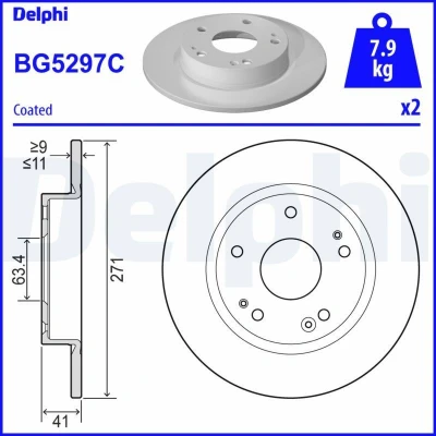 Abbildung von DELPHI BG5297C Bremsscheibe 271 11 5 voll beschichtet unbehandelt ohne Radlager, ABS Sensorring FORD: Focus Mk4 Turnier, Hatchback