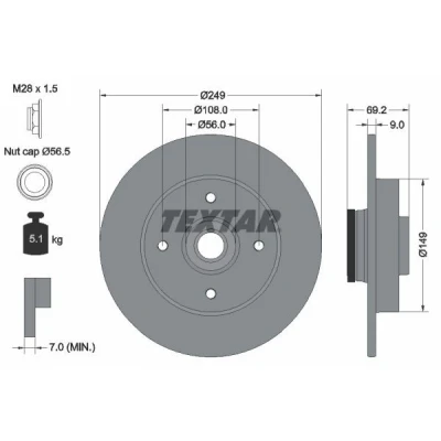 Abbildung von TEXTAR PRO 92202103 Bremsscheibe 249 9 04/04 108 voll beschichtet mit integriertem magnetischen Sensorring, Radlager PEUGEOT: 2008 Estate