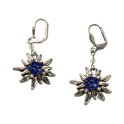 Abbildung von Alpenflüstern Trachten Ohrhänger Strass Edelweiß Damen Trachtenschmuck, Ohrringe antik silber farben mit Steinen (blau) DOR008