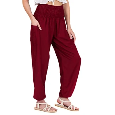 Abbildung von Lofbaz Damen Haremshose Yogahose Pumphose Hippie Hose Boho Kleidung Festival Outfit Sommerhose Leicht Sommer Hosen Solid 1 Burgund M
