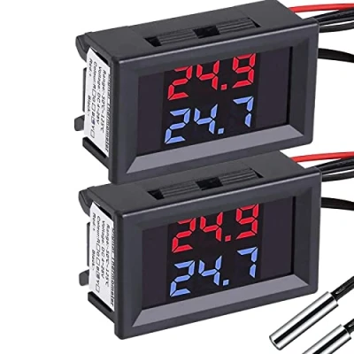 Abbildung von PEMENOL 2Stück Display Digital Thermometer, DC4 28V Rot + Blau Dual mit NTC Wasserdichtem Metallfühler Temperatursensor