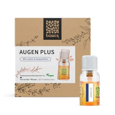 Abbildung von basics Augen Vitamin Komplex Monatskur, 30 x 10ml Fläschchen hochdosiert, Vegan, mit Lutein, A, Zeaxanthin und Zink für den Erhalt der Sehkraft