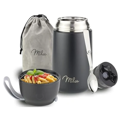 Abbildung von Milu® Thermobehälter für Essen 800ml, Edelstahl Warmhaltebehälter mit Löffel, Thermobecher Essen, Thermo Lunchbox Kinder, Erwachsene, Thermobox Suppen, Babybrei, Speisebehälter Schwarz, 800ml