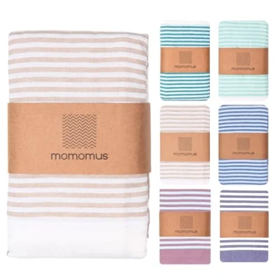 Abbildung von MOMOMUS Fouta XXL oder Dünne Picknickdecke Groß für Strand Mit Fransen, Gestreift, ohne Sand Stranddecke XXL, Strandmatte Sandfrei und Picnic Blanket Beige, 210x240 cm