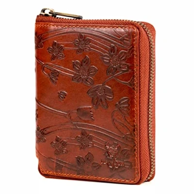 Abbildung von MATADOR Geldbörse Portmonee Geldbeutel Damen Leder mit YKK Metall Reißverschluss Portemonnaie Geldtasche Kartenetui Brieftasche RFID Blocker und Geschenk Box Kartenportmonai Blumen Braun