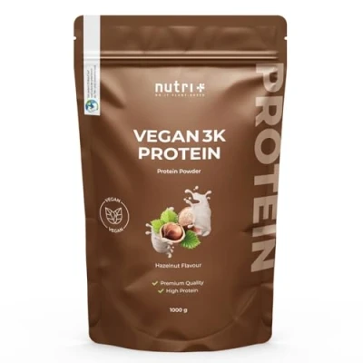Abbildung von Nutri + Proteinpulver Vegan Haselnuss 1 kg 83% Eiweiß 3k Protein Powder Hazelnut Flavor Veganes Eiweißpulver Nuss ohne Gluten, Zucker Whey