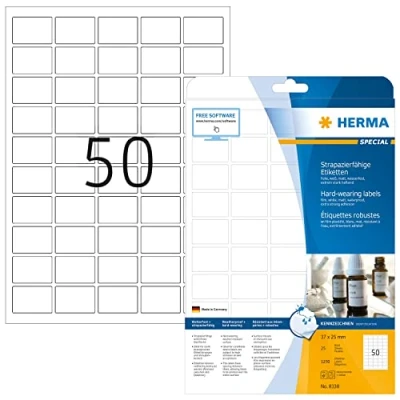 Abbildung von HERMA 8338 Wetterfeste Folienetiketten, 25 Blatt, 37 x mm, 50 pro A4 Bogen, 1250 Stück, selbstklebend, bedruckbar, matt, blanko Klebeetiketten Aufkleber aus Folie, weiß
