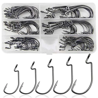 Abbildung von Offsethaken Wurm Angelhaken Set mit Kunststoff Box,Offset Angeln Haken für Gummiköder Gummifische Jigs Creature Köder, Salzwasser Angelzubehör Kit (120stk/box(1# 5/0))