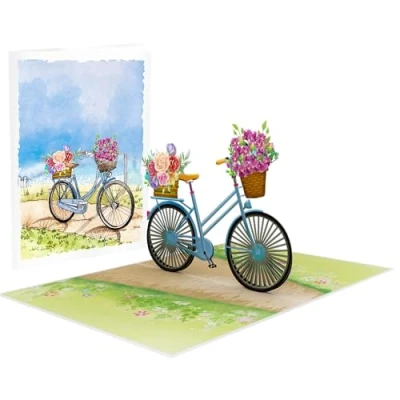 Abbildung von LIMAH® Pop Up 3D Blumen Fahrrad Karte, Glückwunschkarte, Geschenkkarte, Überraschungskarte Mit Einem Damenrad Und Roten Gut Kombinierbar Gutschein Zum Geburtstag