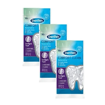 Abbildung von 1 x 30 Stk. Dentek Comfort Clean Zahnseide Sticks, speziell für Backenzähne Zahnreinigung der hinteren Zahnzwischenräume Minzgeschmack Fluorid Zahnstocher , Stück (1er Pack)