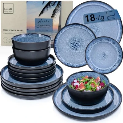 Abbildung von SÄNGER Aruba Steingut Geschirr Set 18 tlg, Teller 6 Personen, Geschirrset 6x Speiseteller Müslischalen Dessertteller, Tafelservice blau mit schwarzem Rand kratzfest VALUE COLLECTION