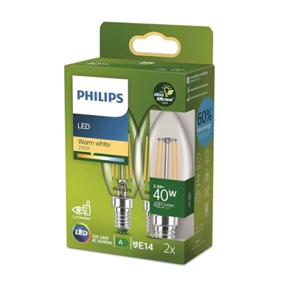 Abbildung von Philips Classic ultraeffiziente E14 LED Lampe, 40W, klar, warmweiß, Doppelpack