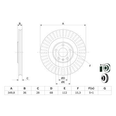 Abbildung von BOSCH 0 986 479 E41 Bremsscheibe 349,8 28 5 112 Belüftet beschichtet AUDI: Q7, A6 C8 Avant, A7 Sportback, VOLKSWAGEN: Touareg III