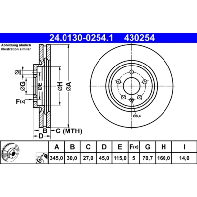 Abbildung von ATE 24.0130 0254.1 Bremsscheibe 345,0 30,0 5 115,0 Belüftet beschichtet hochgekohlt OPEL: Insignia B Sports Tourer, Grand Sport