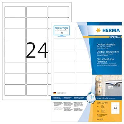 Abbildung von HERMA 9537 Wetterfeste Folienetiketten, 40 Blatt, 63,5 x 33,9 mm, 24 pro A4 Bogen, 960 Stück, selbstklebend, bedruckbar, matt, blanko Outdoor Klebeetiketten Aufkleber aus Polyethylen, weiß