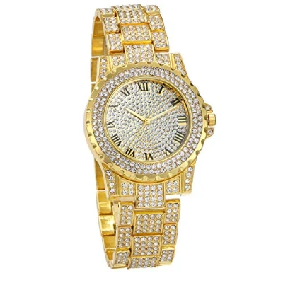 Abbildung von JewelryWe Armbanduhr Herren Damen mit Strass Römanischen Zifferblatt Metallarmband, Quarz Analog Uhr Muttertag Gold